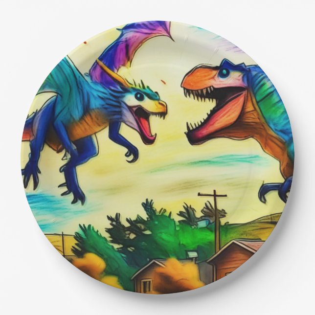 Friendly Encounter - Dragon and Dinosaur Paper Plate (Front)