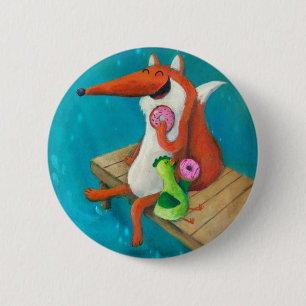Friendly Fox and Chicken eating doughnuts 6 Cm Round Badge