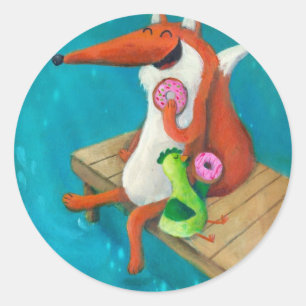 Friendly Fox and Chicken eating doughnuts Classic Round Sticker