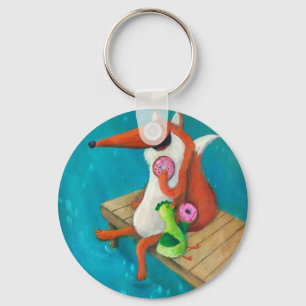 Friendly Fox and Chicken eating doughnuts Key Ring