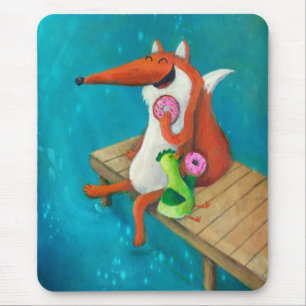 Friendly Fox and Chicken eating doughnuts Mouse Pad