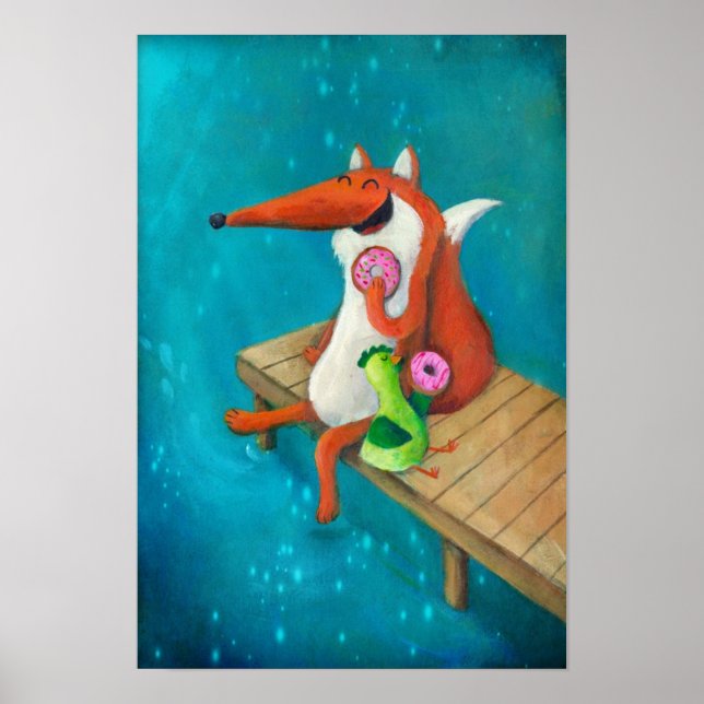 Friendly Fox and Chicken eating doughnuts Poster (Front)