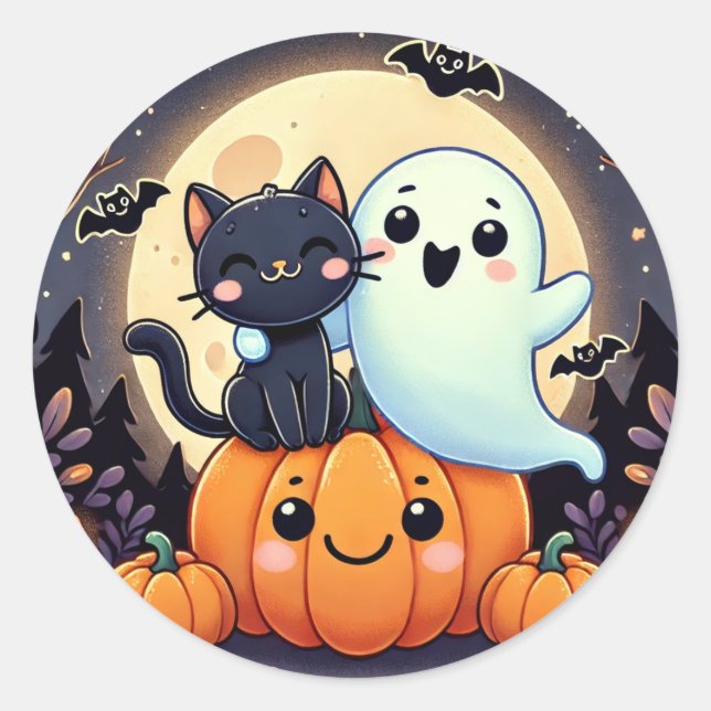 Friendly Ghost and Cat Halloween Classic Round Sticker (Front)