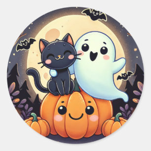 Friendly Ghost and Cat Halloween Classic Round Sticker