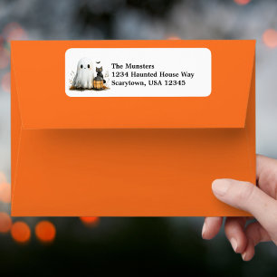 Friendly Ghost Black Cat Autumn Leaves Halloween Return Address Label
