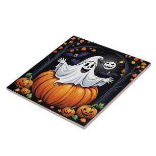 Friendly ghost celebrating Halloween in a pumpkin Ceramic Tile