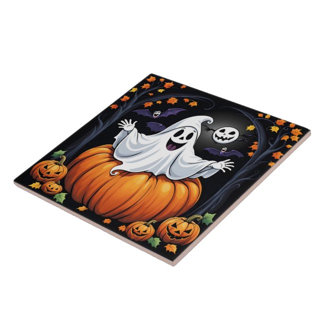 Friendly ghost celebrating Halloween in a pumpkin Ceramic Tile (Side)