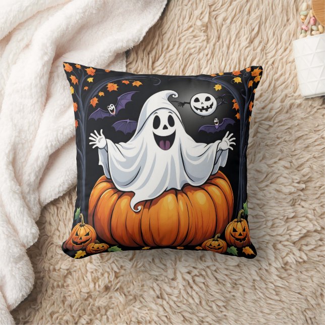 Friendly ghost celebrating Halloween in a pumpkin Cushion (Blanket)