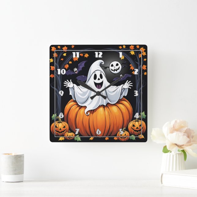 Friendly ghost celebrating Halloween in a pumpkin Square Wall Clock (Home)