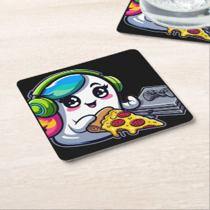 Friendly Ghost Gaming: Pizza, Headphones, and All  Square Paper Coaster