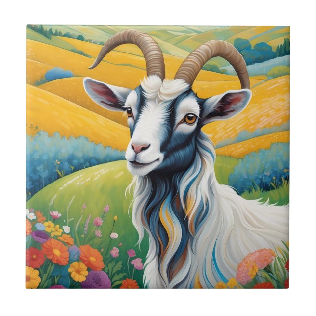 Friendly Goat With Colourful Vibrant Hills Ceramic Tile (Front)