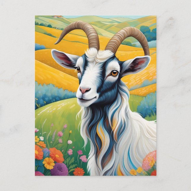 Friendly Goat With Colourful Vibrant Hills Postcard (Front)