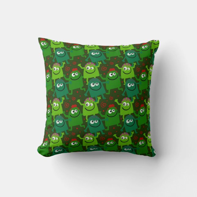 Friendly Green Cartoon Monsters Cushion (Front)