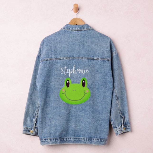 Friendly Green Modern Cartoon Frog Denim Jacket (Hangar)