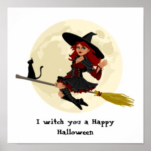 Friendly halloween witch on broom and black cat poster