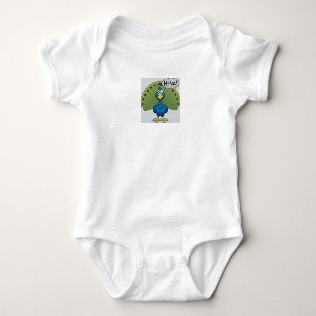 Friendly Peacock Greets You with Hello Baby Bodysuit (Front)
