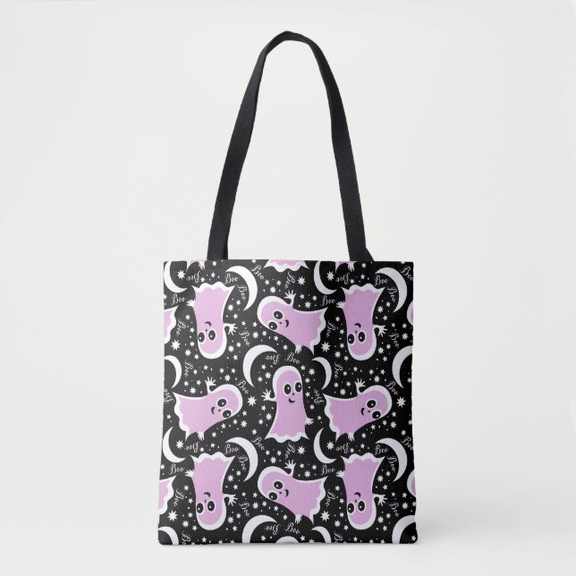 Friendly Pink Ghosts go Boo Trick or Treat Tote Bag (Front)