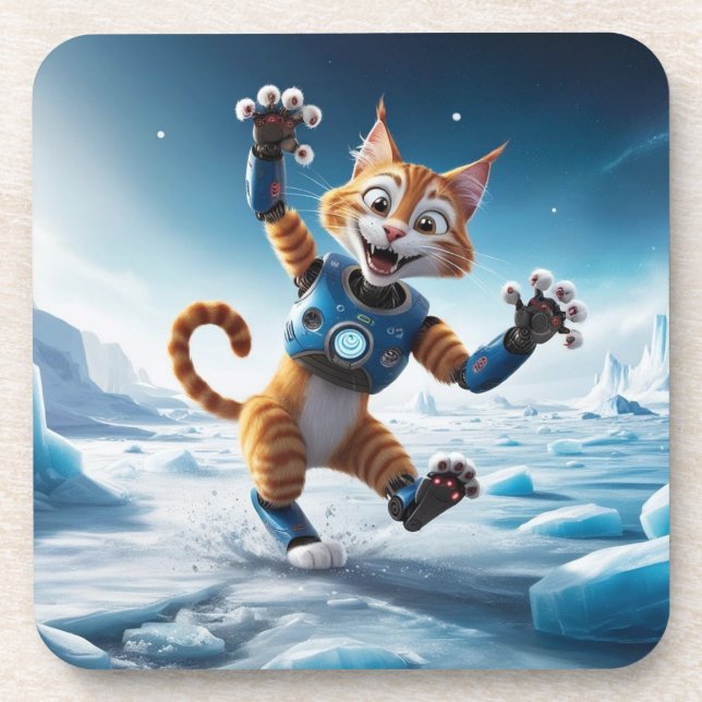 Friendly robot cat on another icy planet coaster (Front)