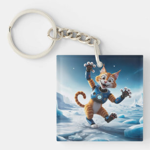 Friendly robot cat on another icy planet key ring