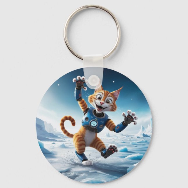 Friendly robot cat on another icy planet key ring (Front)