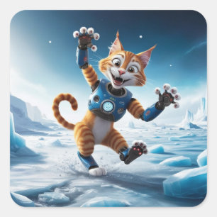 Friendly robot cat on another icy planet square sticker