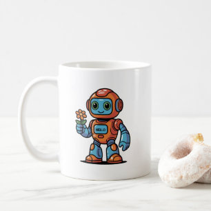 Friendly Robot Holding Flower Cartoon White Coffee Mug