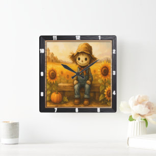 Friendly Scarecrow Sunny Field  Square Wall Clock