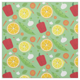 Friendly Smiling Fruit Vegetable Cartoon Pattern Fabric