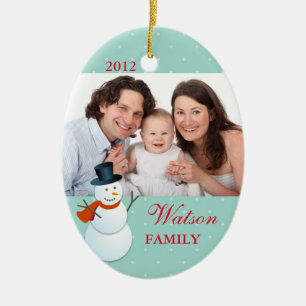 Friendly snowman north pole blue Christmas photo Ceramic Tree Decoration