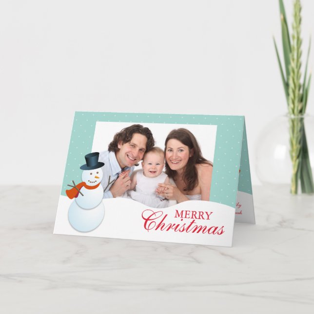 Friendly snowman north pole blue Christmas photo Holiday Card (Front)