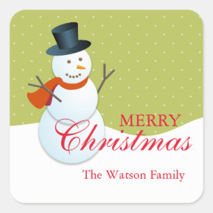 Friendly snowman north pole green xmas holiday square sticker