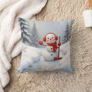 Friendly Snowman with a Red Shovel Cushion