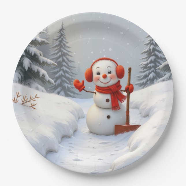 Friendly Snowman with a Red Shovel Paper Plate (Front)
