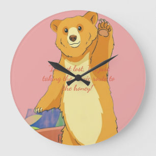 Friendly Waving Bear Cartoon – Vibrant Jungle Gree Large Clock