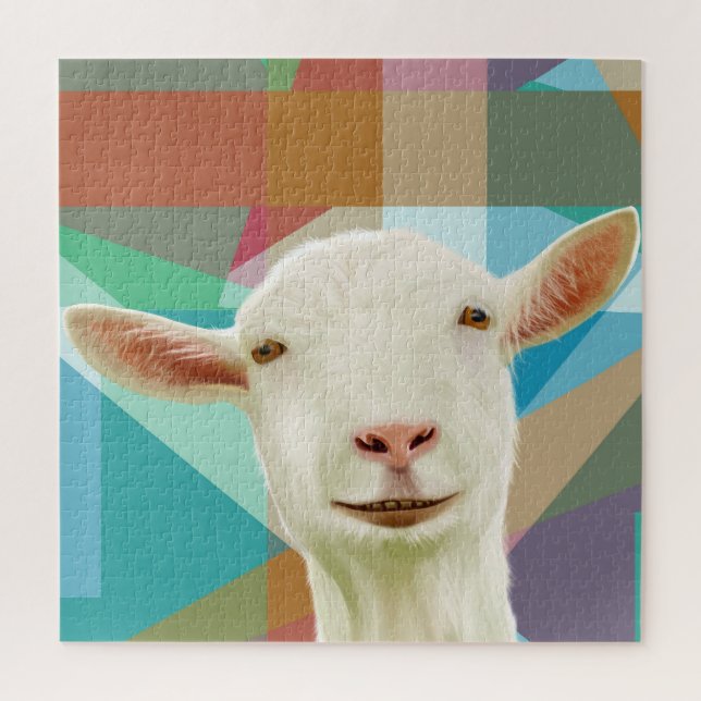 Friendly White Goat Colourful Geometric Background Jigsaw Puzzle (Vertical)