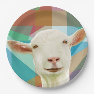 Friendly White Goat Colourful Geometric Background Paper Plate