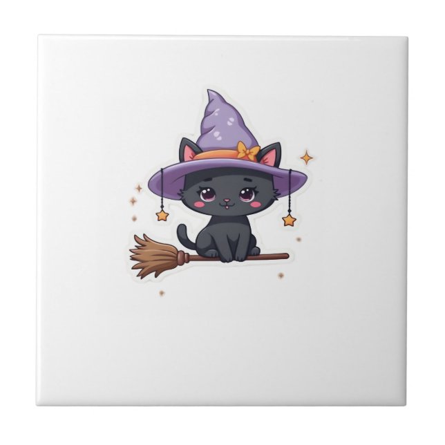 Friendly Witch Hat Cat  Cute Pastel Kawaii Hallowe Ceramic Tile (Front)