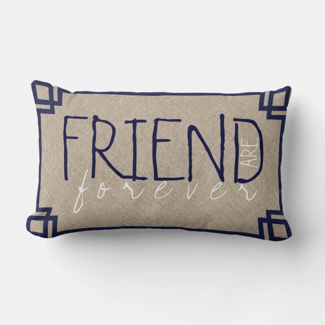 Friends Are Forever Beige Linen & Blue Frame Lumbar Cushion (Front)