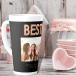 Friends besties black photo rose gold latte mug<br><div class="desc">A chic black background. Personalise and add your own photo,  selfie of your best friend(s) your names and place of event.  Rose gold balloon style font and the word: Besties. Perfect as a gift for yourself or as a birthday or Christmas gift for your friends.</div>