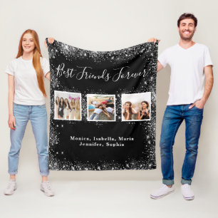 Friends BFF  black silver glitter photo names Fleece Blanket
