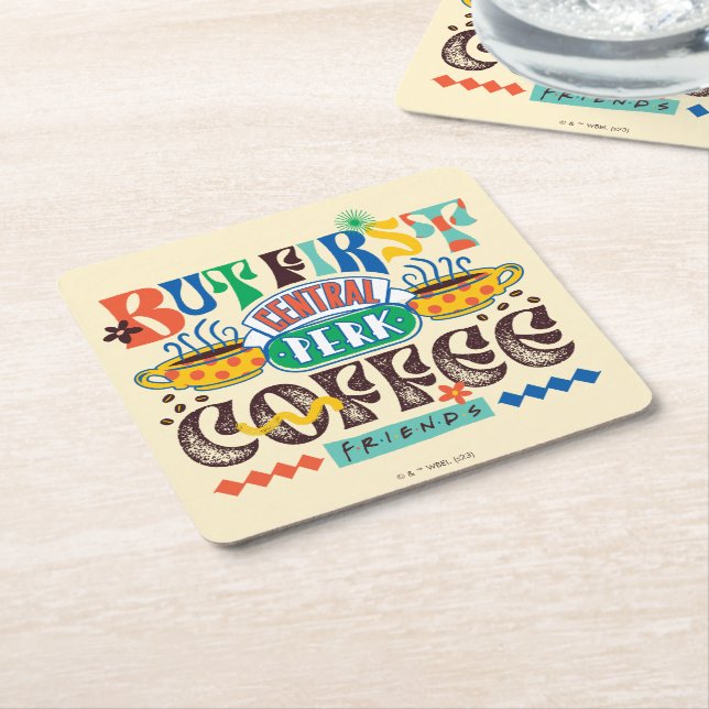 FRIENDS™ | But First Coffee Vibrant Graphic Square Paper Coaster (Angled)