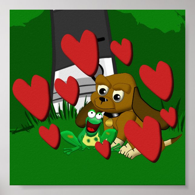 Friends cartoon beagle dog and frog with hearts poster (Front)