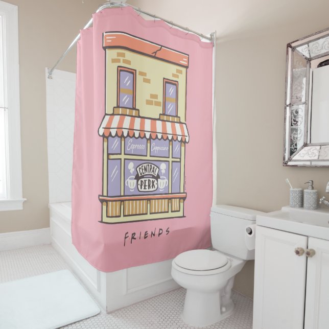 FRIENDS™ | Central Perk Cartoon Coffee Shop Shower Curtain (In Situ)