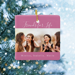 Friends for life dark pink photo names keepsake ceramic ornament