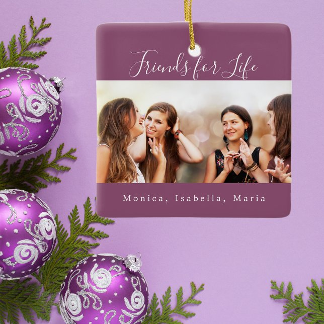 Friends for life photo purple names keepsake ceramic ornament (Creator Uploaded)