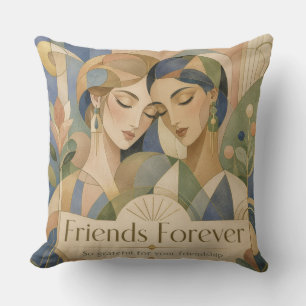 Friends Forever Art Deco Two Women Portrait Cushion