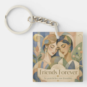 Friends Forever Art Deco Two Women Portrait Key Ring