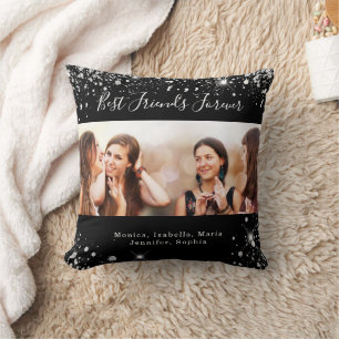 Friends forever black silver glitter photo cushion