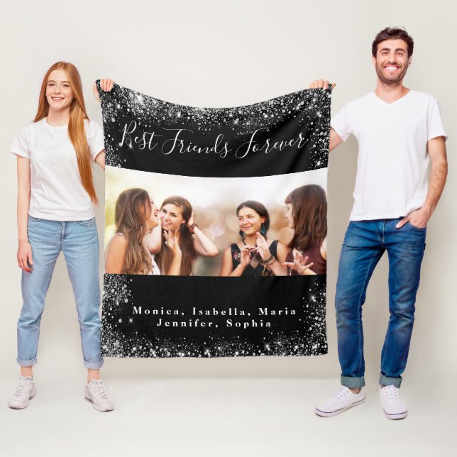 Friends forever black silver glitter photo fleece blanket (In Situ)