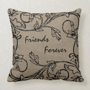 Friends Forever Floral Crewel Work Effect Burlap Cushion